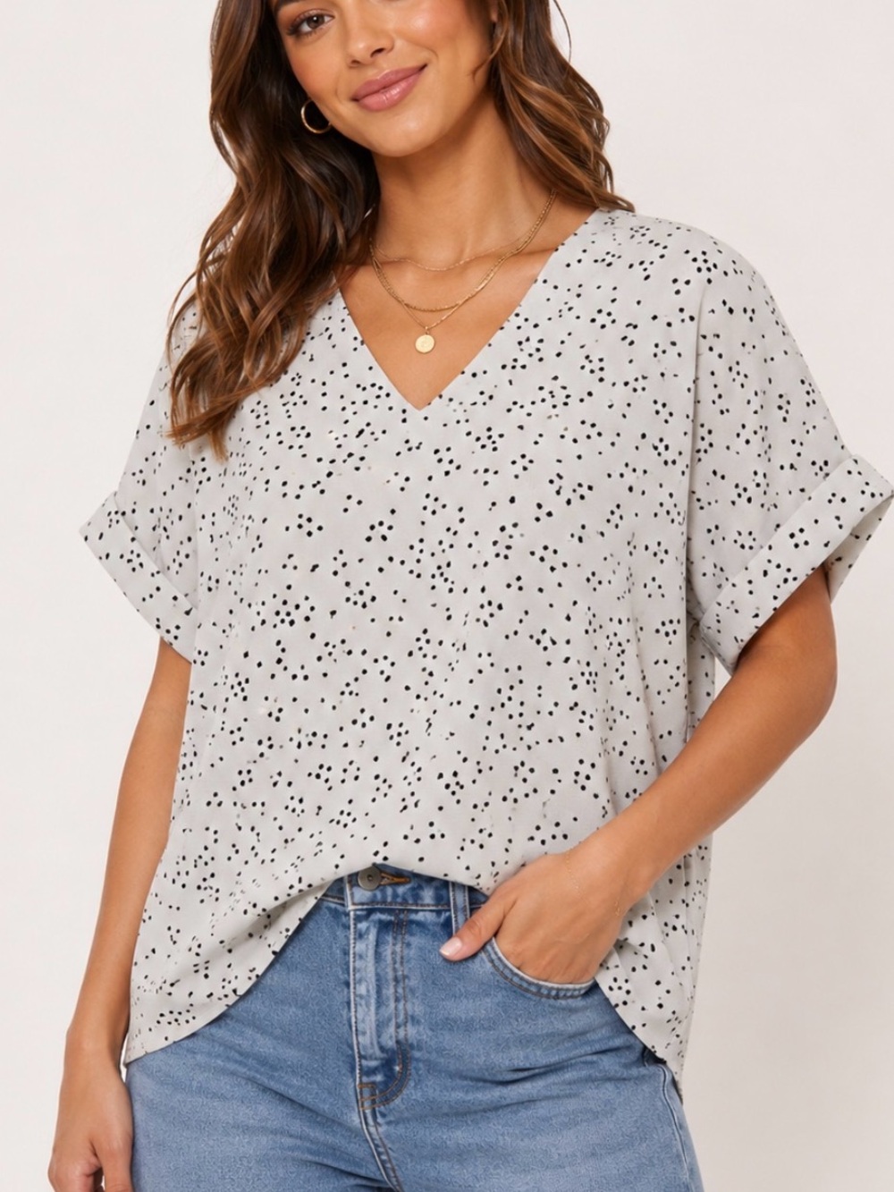 MELLODAY Light Gray V-Neck Speckled Tunic